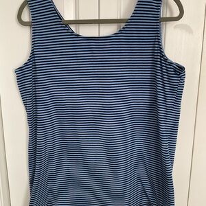 Talbots Blue and Black Striped Tank Top 2 way top round in front, V in back.